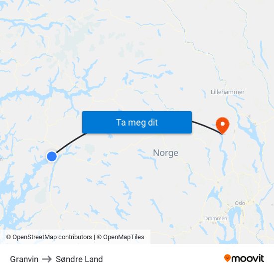 Granvin to Søndre Land map