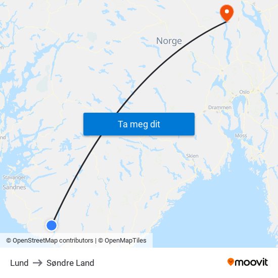 Lund to Søndre Land map