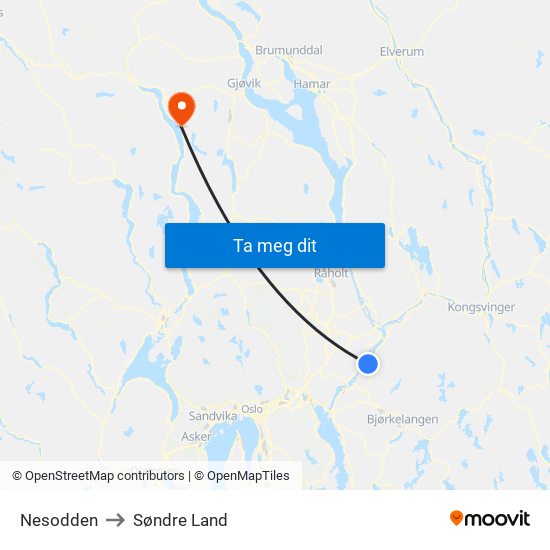 Nesodden to Søndre Land map