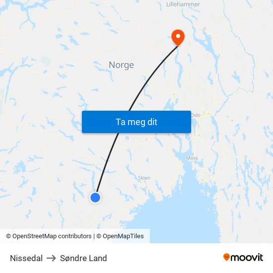 Nissedal to Søndre Land map