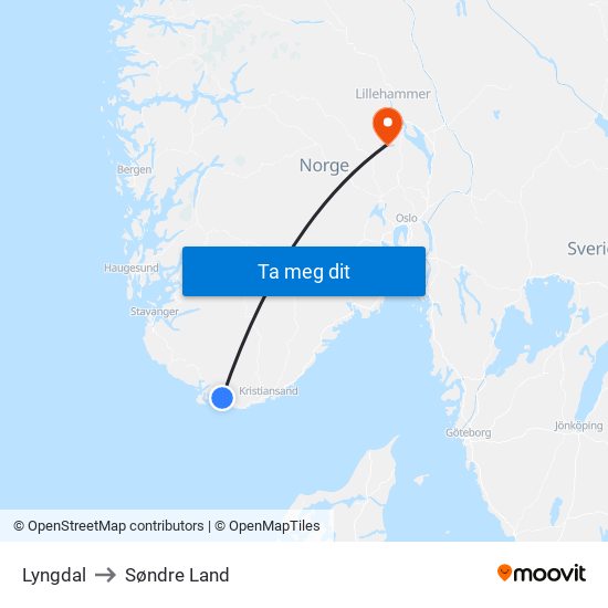 Lyngdal to Søndre Land map