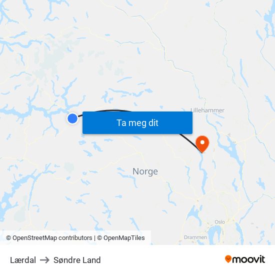 Lærdal to Søndre Land map