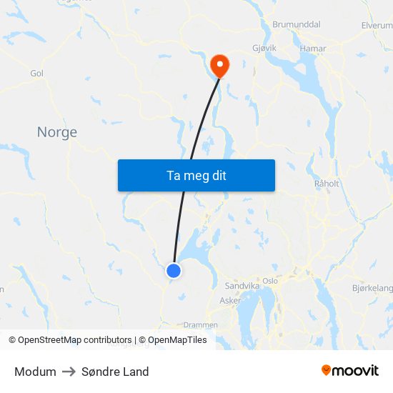 Modum to Søndre Land map