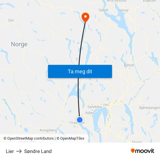 Lier to Søndre Land map