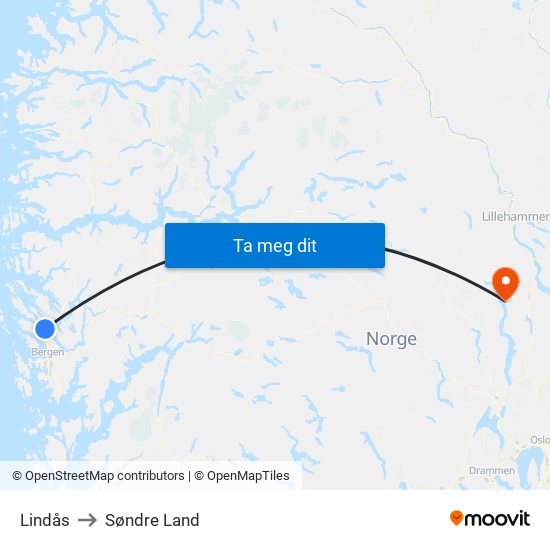 Lindås to Søndre Land map