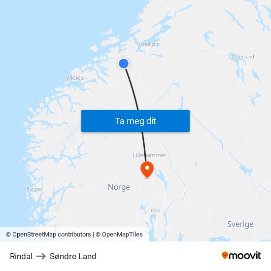 Rindal to Søndre Land map