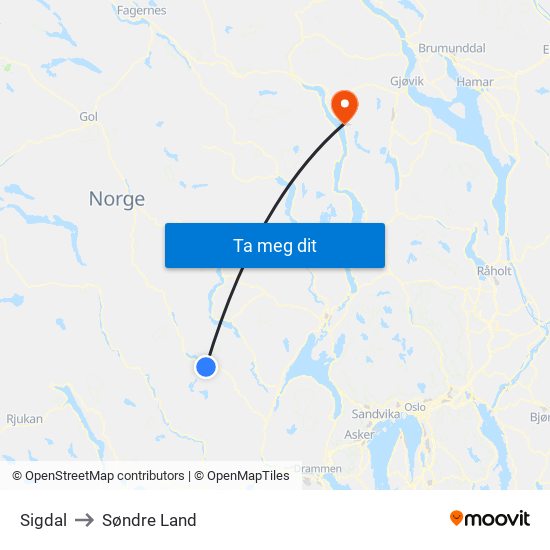 Sigdal to Søndre Land map