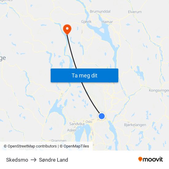 Skedsmo to Søndre Land map