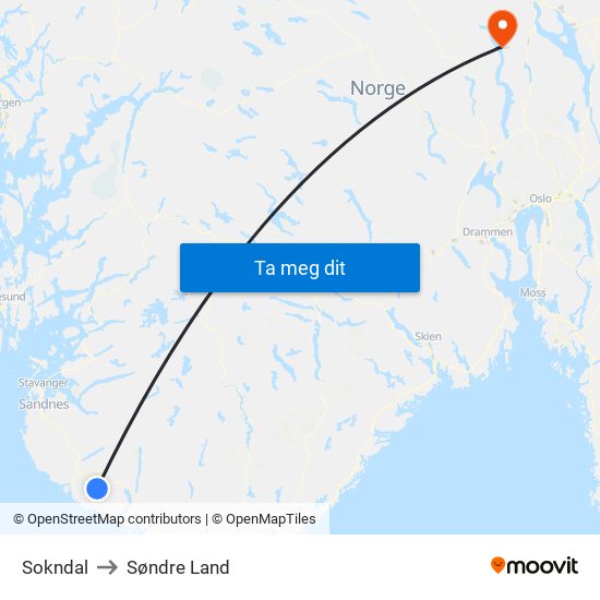 Sokndal to Søndre Land map