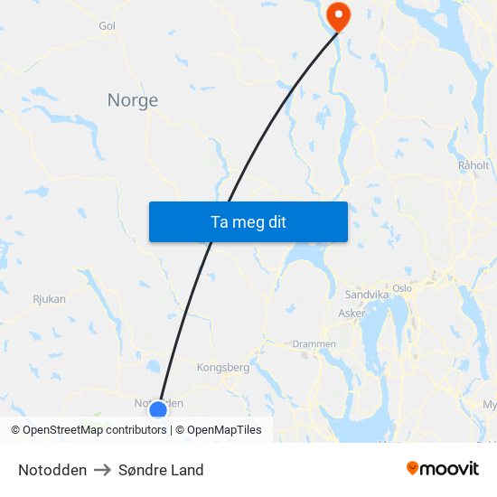 Notodden to Søndre Land map