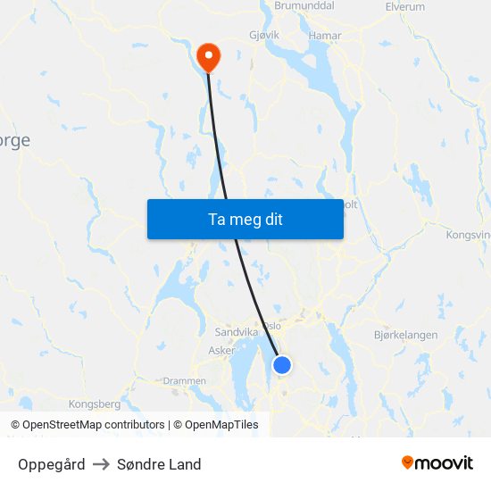 Oppegård to Søndre Land map