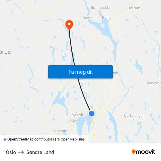 Oslo to Søndre Land map