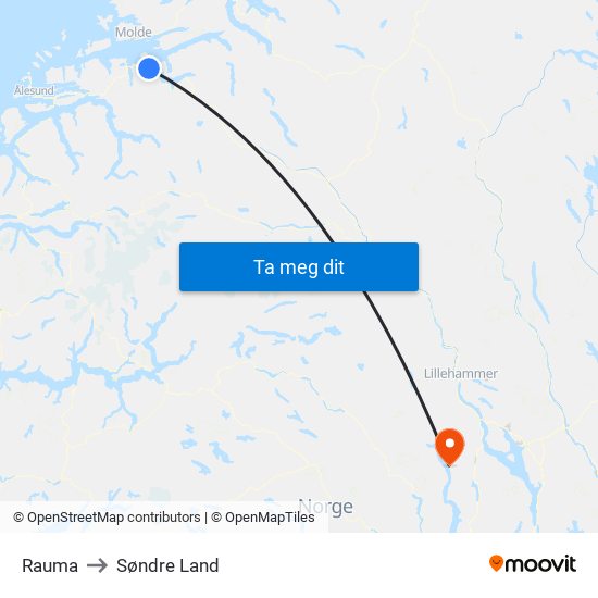 Rauma to Søndre Land map