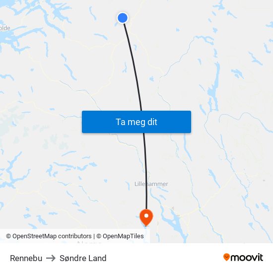 Rennebu to Søndre Land map