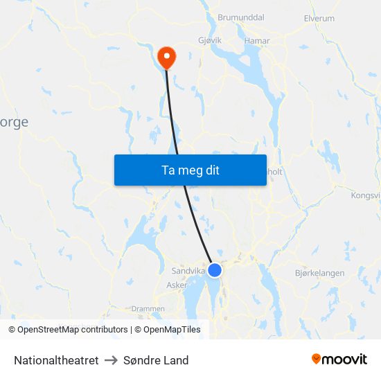 Nationaltheatret to Søndre Land map