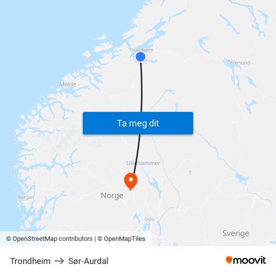 Trondheim to Sør-Aurdal map