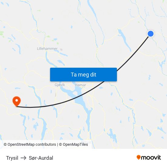 Trysil to Sør-Aurdal map