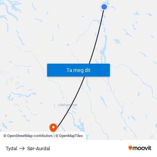 Tydal to Sør-Aurdal map