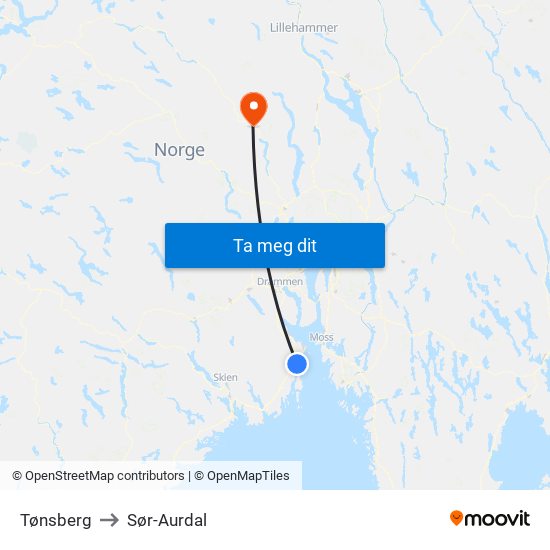 Tønsberg to Sør-Aurdal map