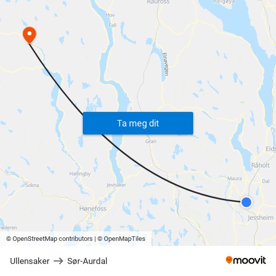 Ullensaker to Sør-Aurdal map