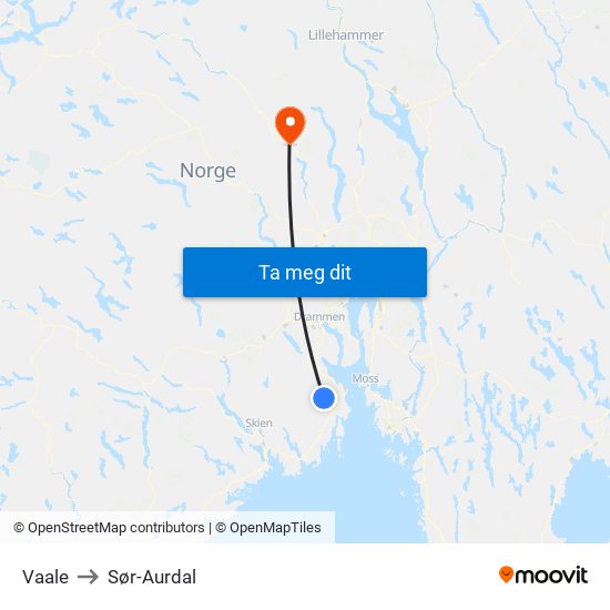 Vaale to Sør-Aurdal map