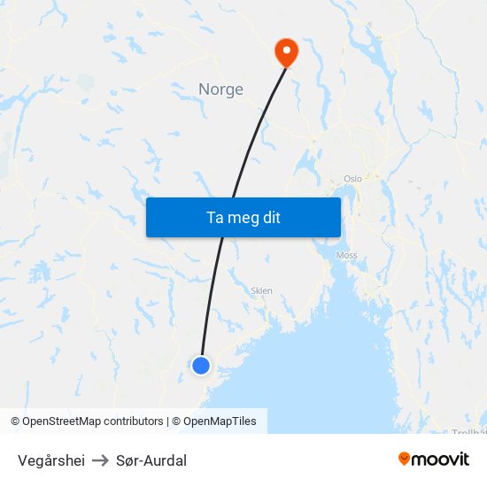 Vegårshei to Sør-Aurdal map