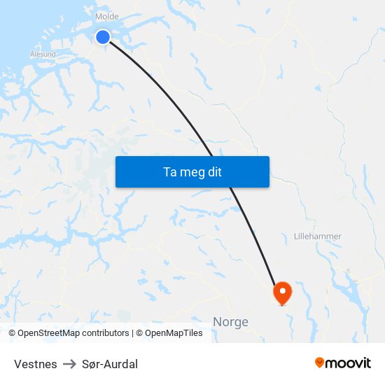 Vestnes to Sør-Aurdal map