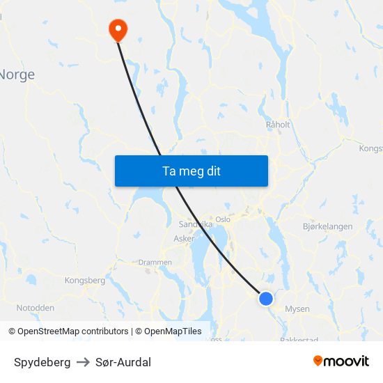 Spydeberg to Sør-Aurdal map