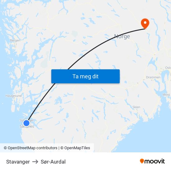 Stavanger to Sør-Aurdal map