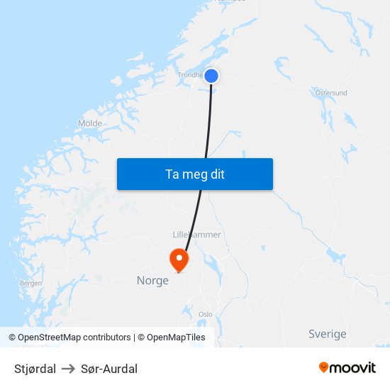 Stjørdal to Sør-Aurdal map