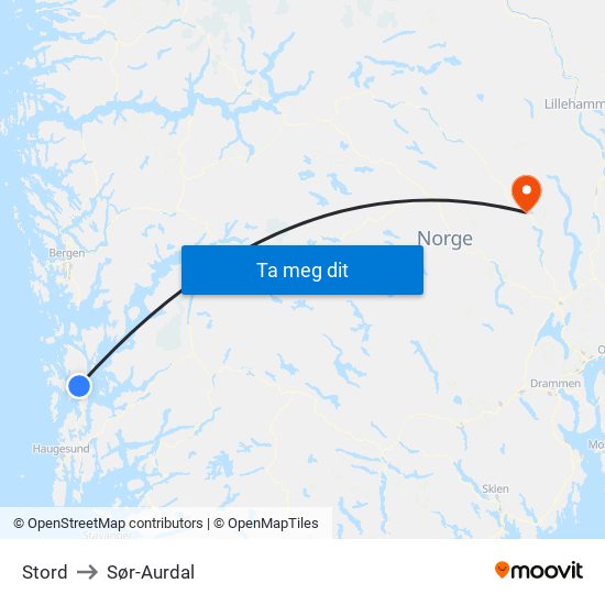Stord to Sør-Aurdal map