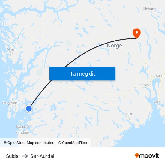 Suldal to Sør-Aurdal map