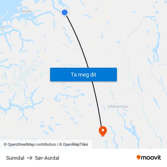 Sunndal to Sør-Aurdal map
