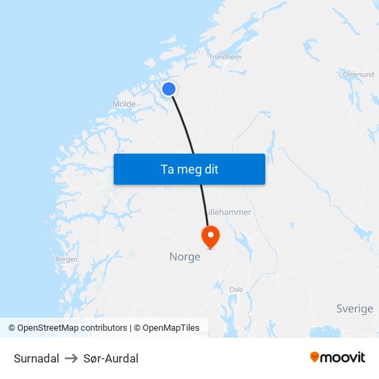 Surnadal to Sør-Aurdal map