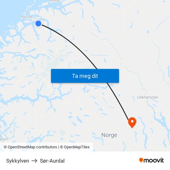 Sykkylven to Sør-Aurdal map