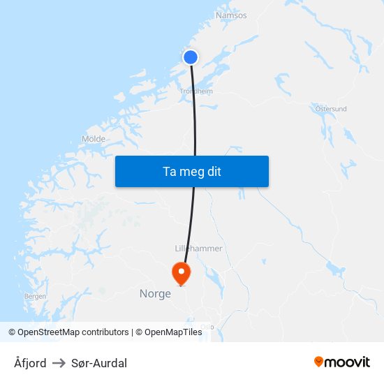 Åfjord to Sør-Aurdal map