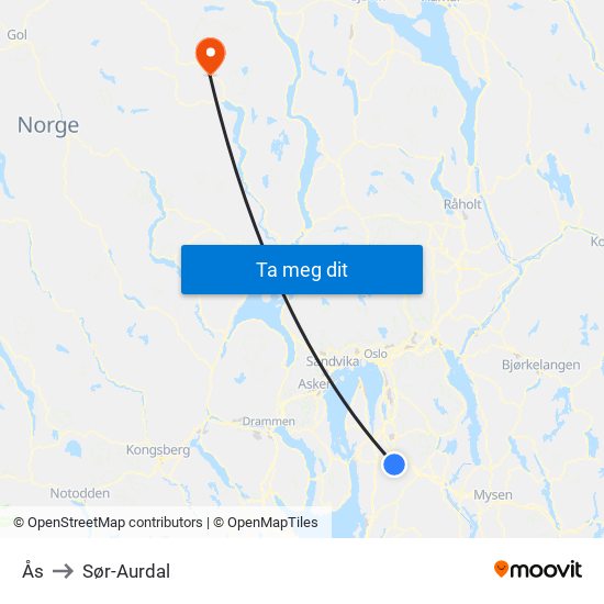 Ås to Sør-Aurdal map