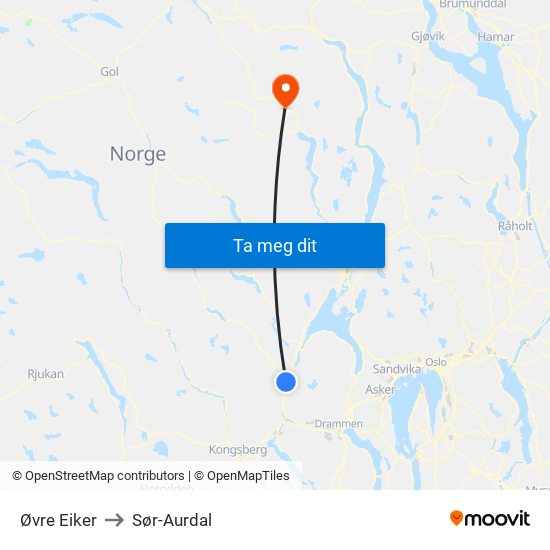 Øvre Eiker to Sør-Aurdal map