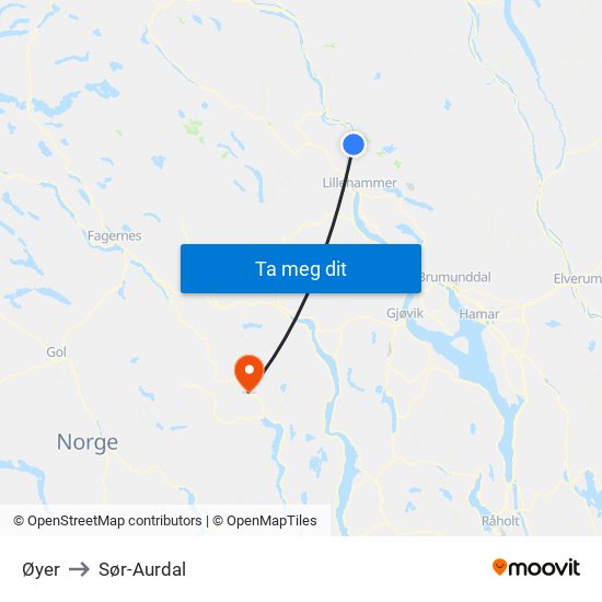 Øyer to Sør-Aurdal map