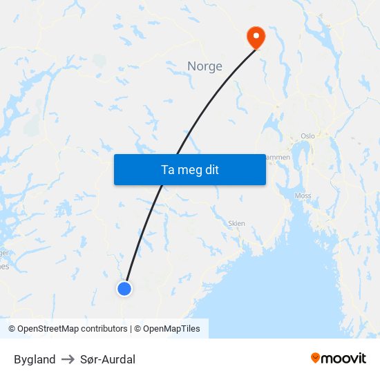 Bygland to Sør-Aurdal map