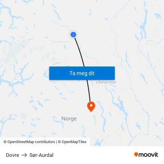 Dovre to Sør-Aurdal map