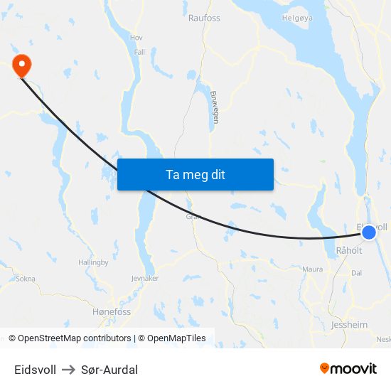 Eidsvoll to Sør-Aurdal map