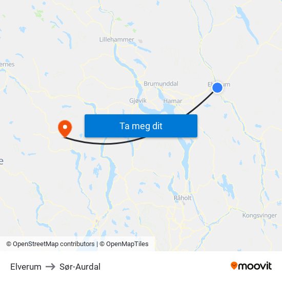 Elverum to Sør-Aurdal map