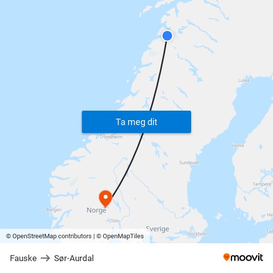 Fauske to Sør-Aurdal map