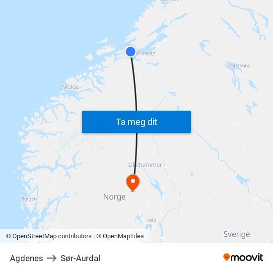 Agdenes to Sør-Aurdal map