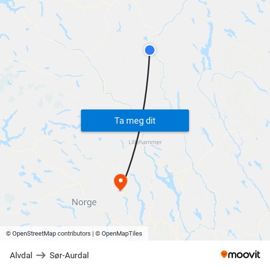 Alvdal to Sør-Aurdal map