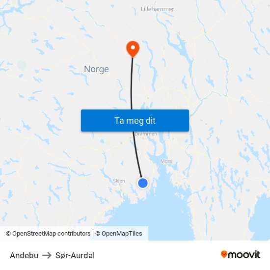 Andebu to Sør-Aurdal map