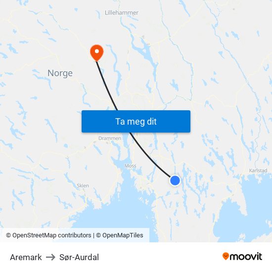 Aremark to Sør-Aurdal map