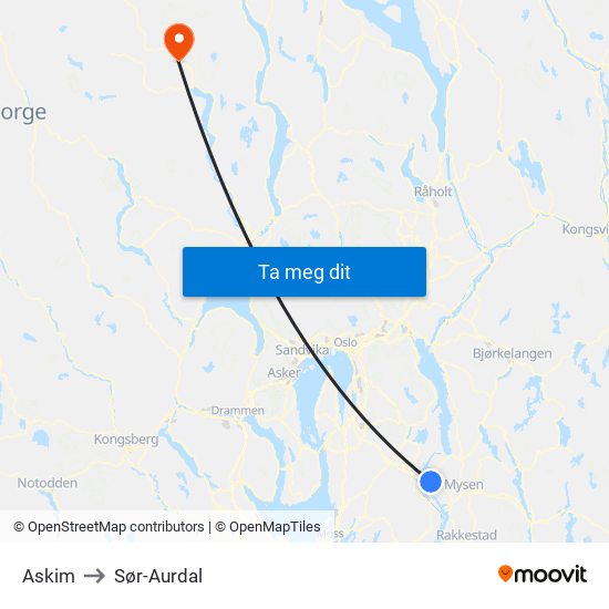 Askim to Sør-Aurdal map