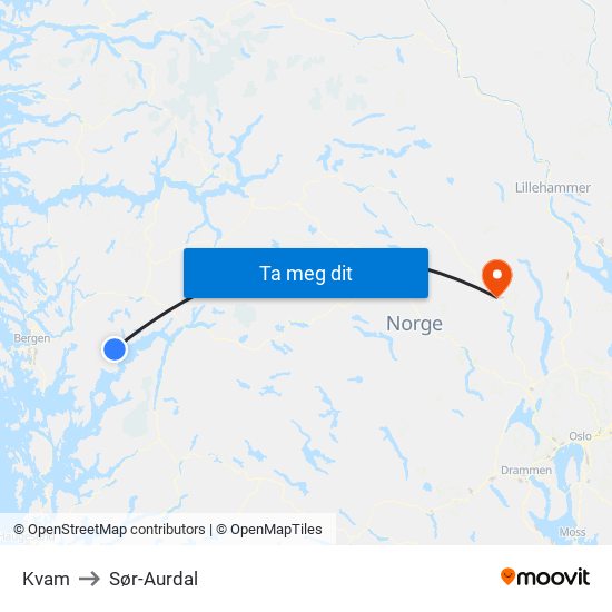 Kvam to Sør-Aurdal map